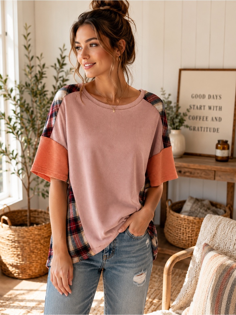 Evaless Waffle Knit Plaid Colorblock Top Size Large NWT Casual